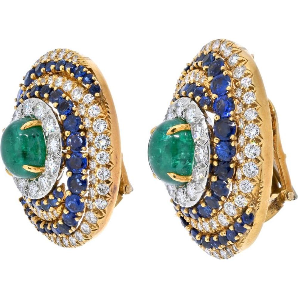 David Webb Platinum & 18K Yellow Gold Bombe Design Earrings with Emerald, Sapphire, and Diamond - 27.54 Carat Total Gem Weight