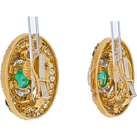 David Webb Platinum & 18K Yellow Gold Bombe Design Earrings with Emerald, Sapphire, and Diamond - 27.54 Carat Total Gem Weight