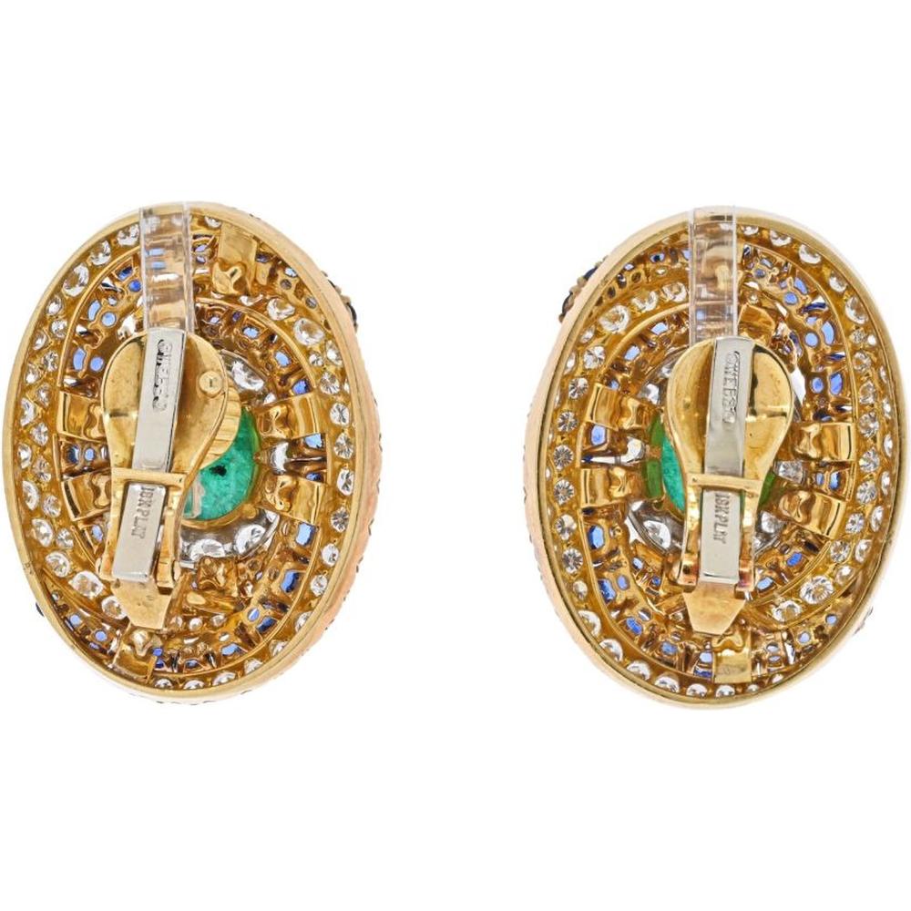 David Webb Platinum & 18K Yellow Gold Bombe Design Earrings with Emerald, Sapphire, and Diamond - 27.54 Carat Total Gem Weight