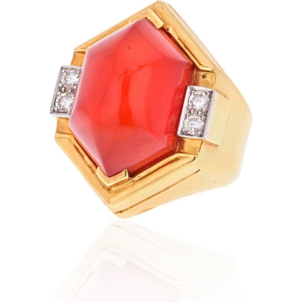 David Webb Platinum & 18K Yellow Gold Carnelian Shield Frame Diamond Ring - 0.30 Carats Total Diamond Weight