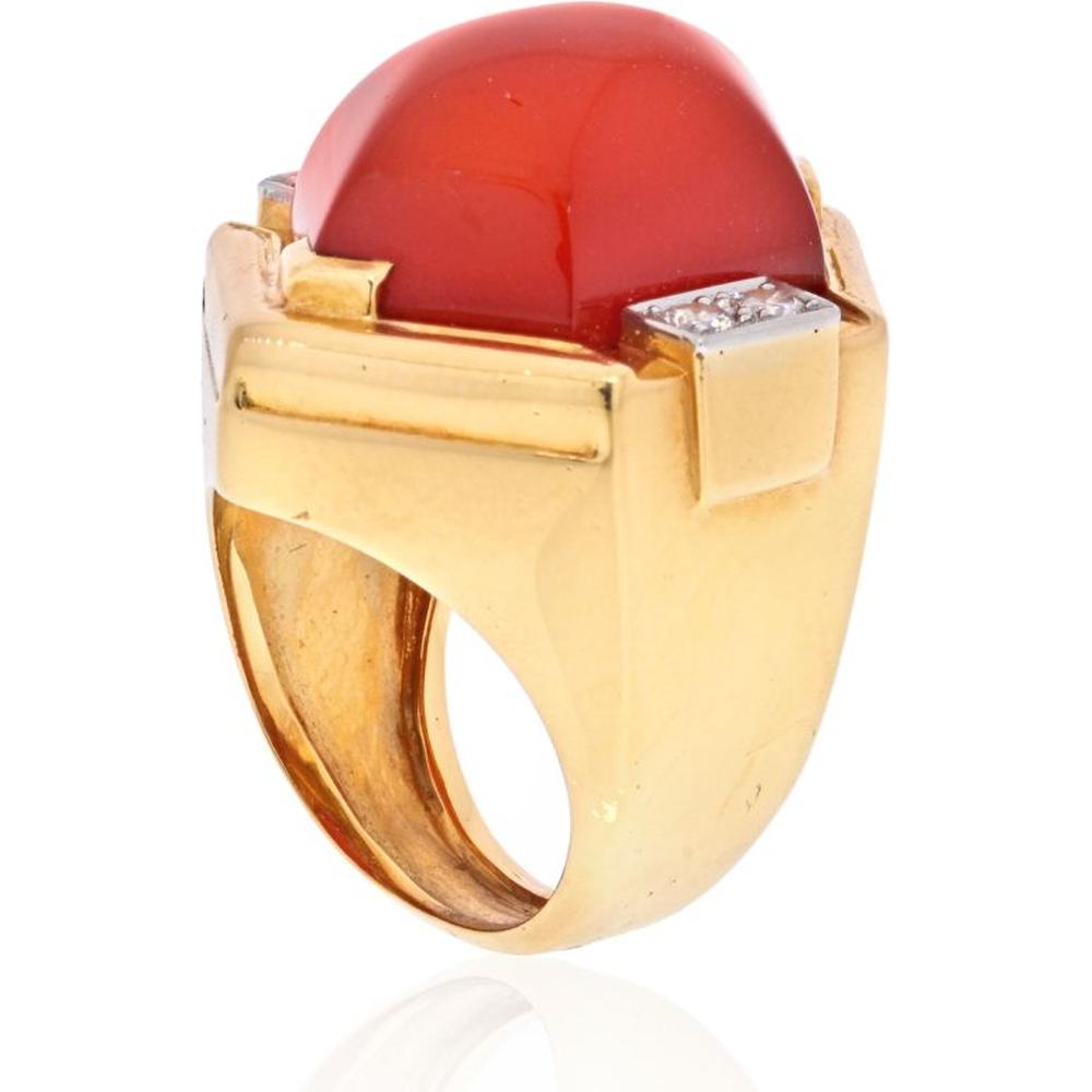 David Webb Platinum & 18K Yellow Gold Carnelian Shield Frame Diamond Ring - 0.30 Carats Total Diamond Weight
