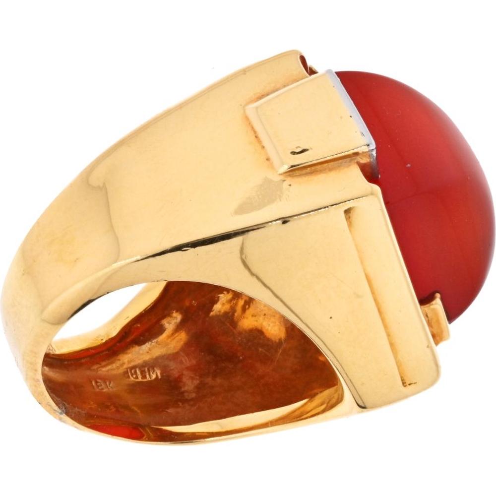 David Webb Platinum & 18K Yellow Gold Carnelian Shield Frame Diamond Ring - 0.30 Carats Total Diamond Weight