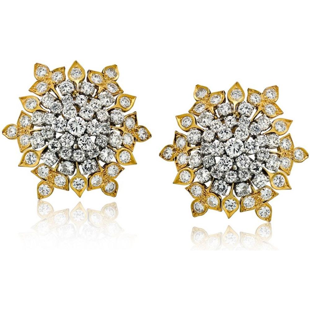 David Webb Platinum and 18K Yellow Gold Diamond Snowflake Earrings - 13.0 Carats Total Diamond Weight