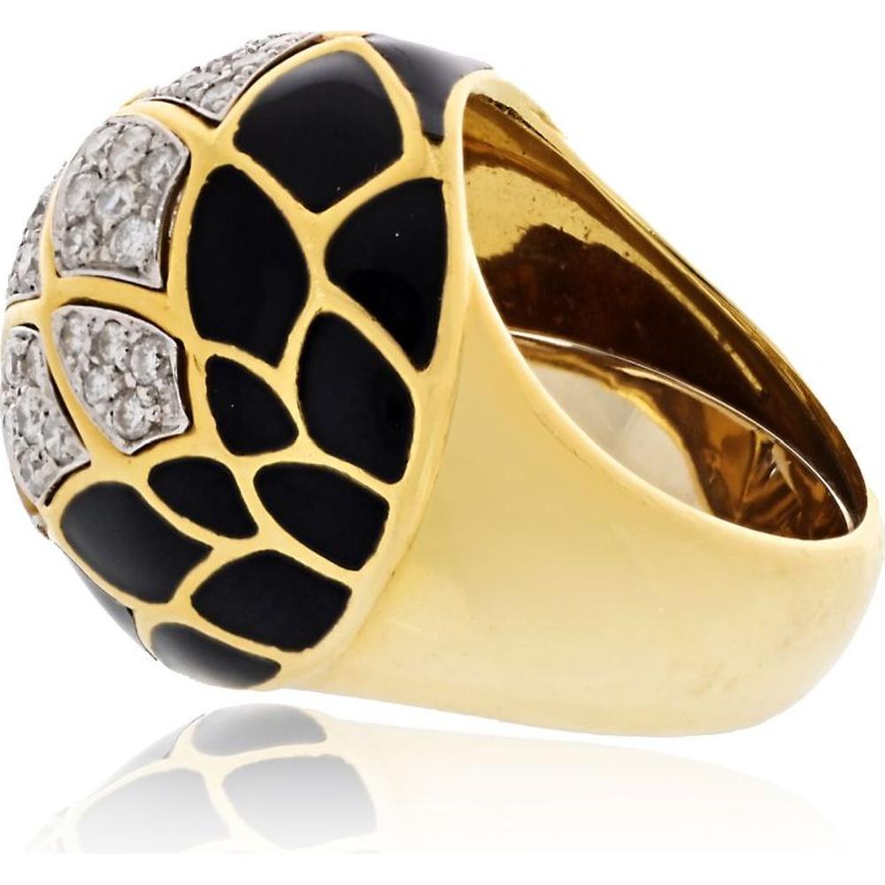 David Webb Platinum & 18K Yellow Gold Dome Ring with Pave-Set Diamonds and Black Enamel Finish