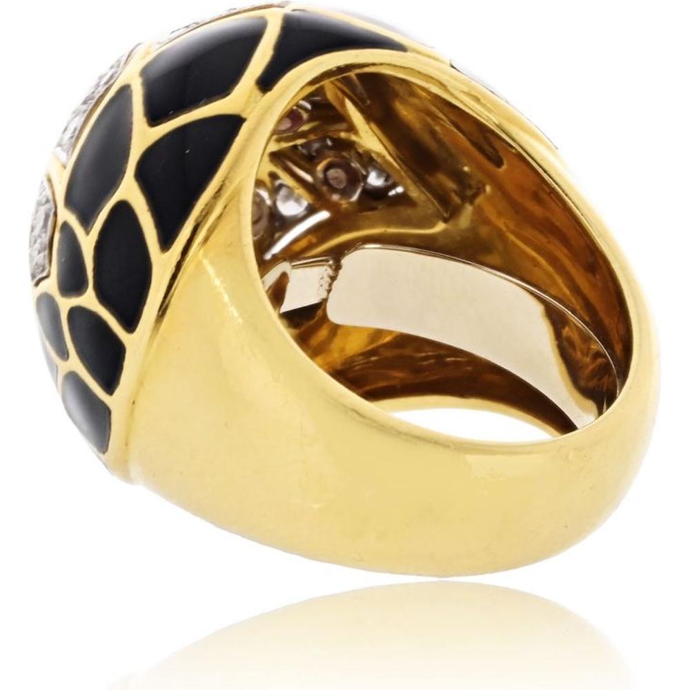 David Webb Platinum & 18K Yellow Gold Dome Ring with Pave-Set Diamonds and Black Enamel Finish