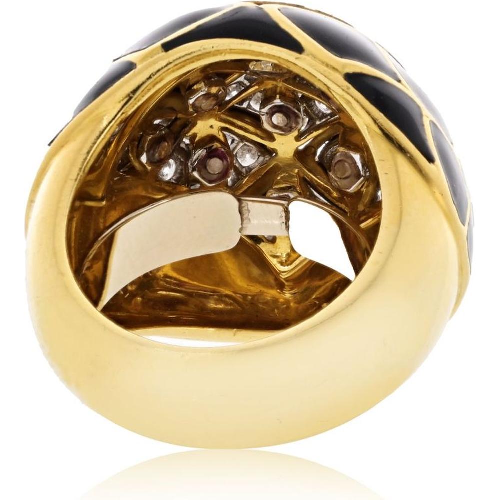 David Webb Platinum & 18K Yellow Gold Dome Ring with Pave-Set Diamonds and Black Enamel Finish