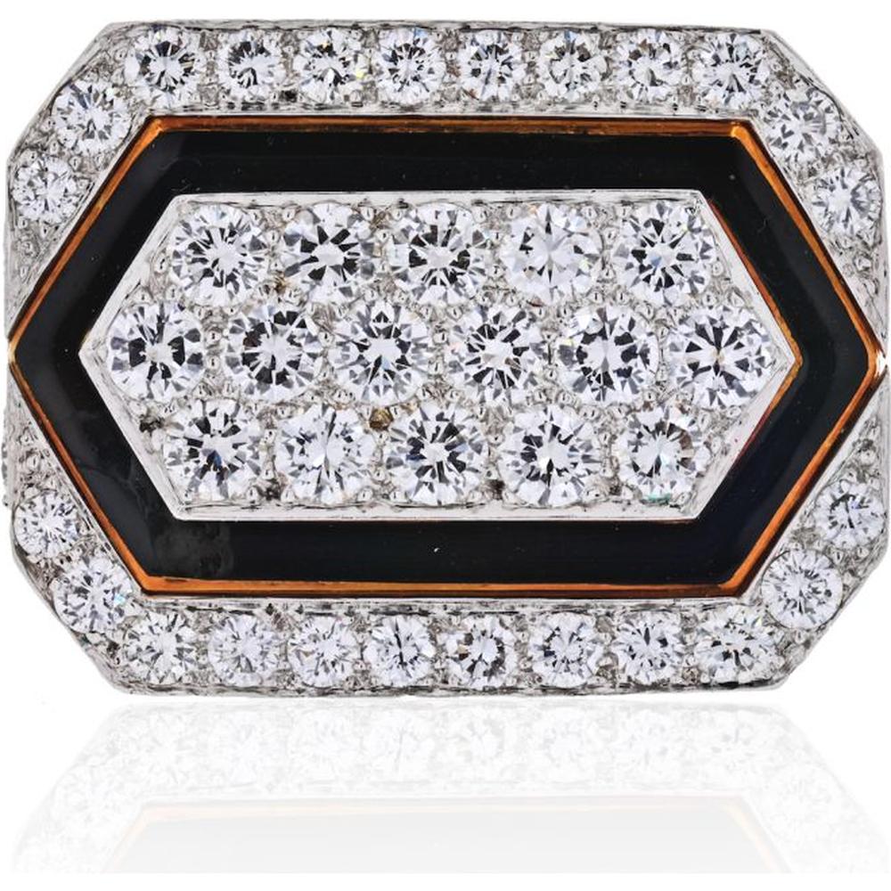 David Webb Platinum and 18K Yellow Gold Estate Ring with Diamonds and Black Enamel - Size 6