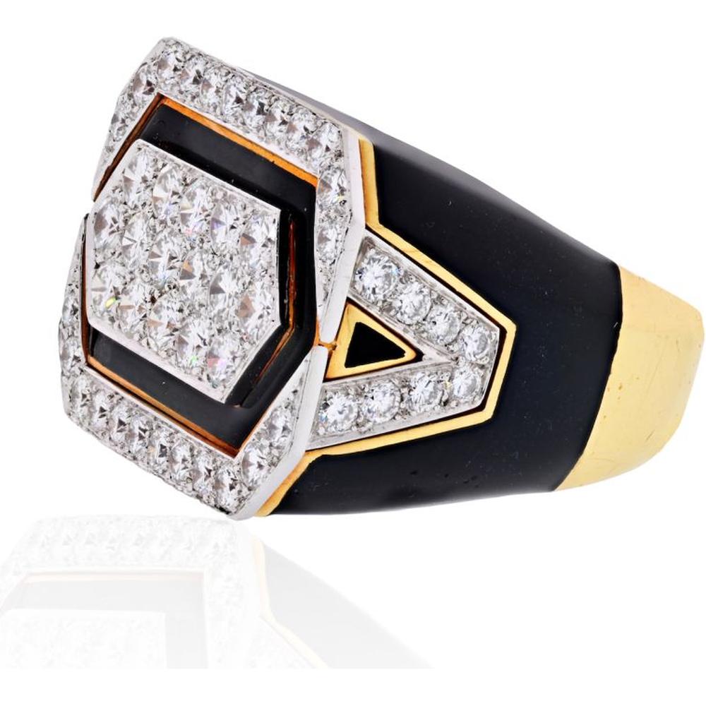 David Webb Platinum and 18K Yellow Gold Estate Ring with Diamonds and Black Enamel - Size 6
