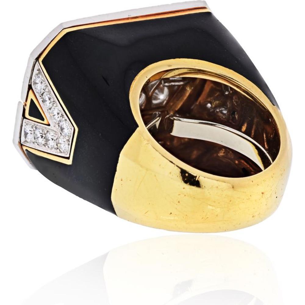 David Webb Platinum and 18K Yellow Gold Estate Ring with Diamonds and Black Enamel - Size 6