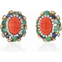 David Webb Platinum and 18K Yellow Gold Fluted Coral Earrings with Diamond, Emerald, and Sapphire Surround - 6.0 Carats Total Diamond Weight
