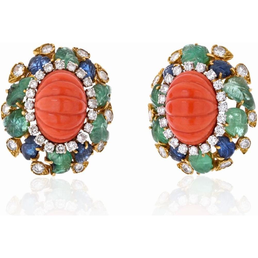 David Webb Platinum and 18K Yellow Gold Fluted Coral Earrings with Diamond, Emerald, and Sapphire Surround - 6.0 Carats Total Diamond Weight