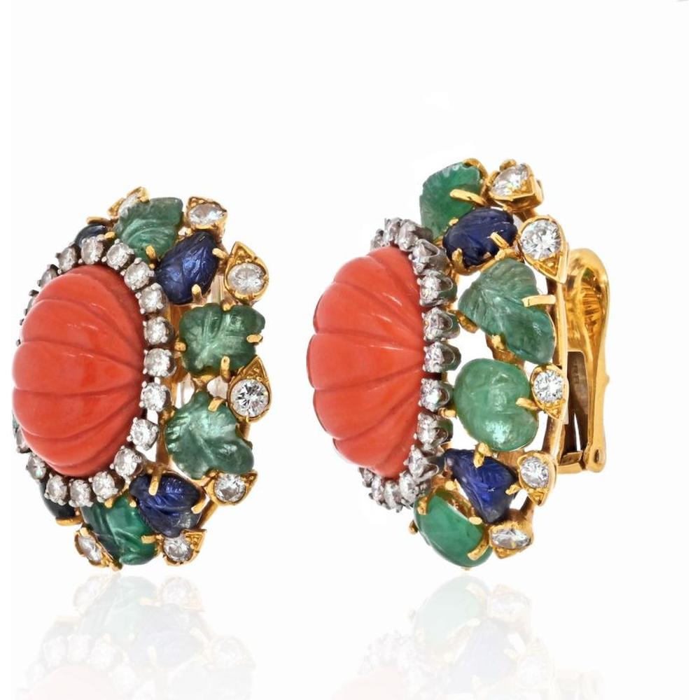 David Webb Platinum and 18K Yellow Gold Fluted Coral Earrings with Diamond, Emerald, and Sapphire Surround - 6.0 Carats Total Diamond Weight