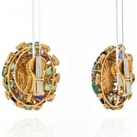 David Webb Platinum and 18K Yellow Gold Fluted Coral Earrings with Diamond, Emerald, and Sapphire Surround - 6.0 Carats Total Diamond Weight