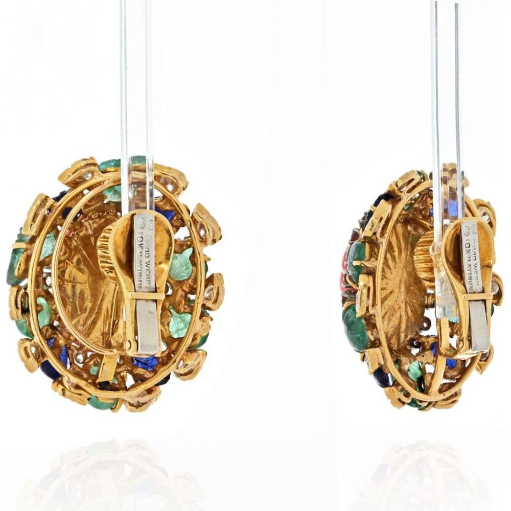 David Webb Platinum and 18K Yellow Gold Fluted Coral Earrings with Diamond, Emerald, and Sapphire Surround - 6.0 Carats Total Diamond Weight