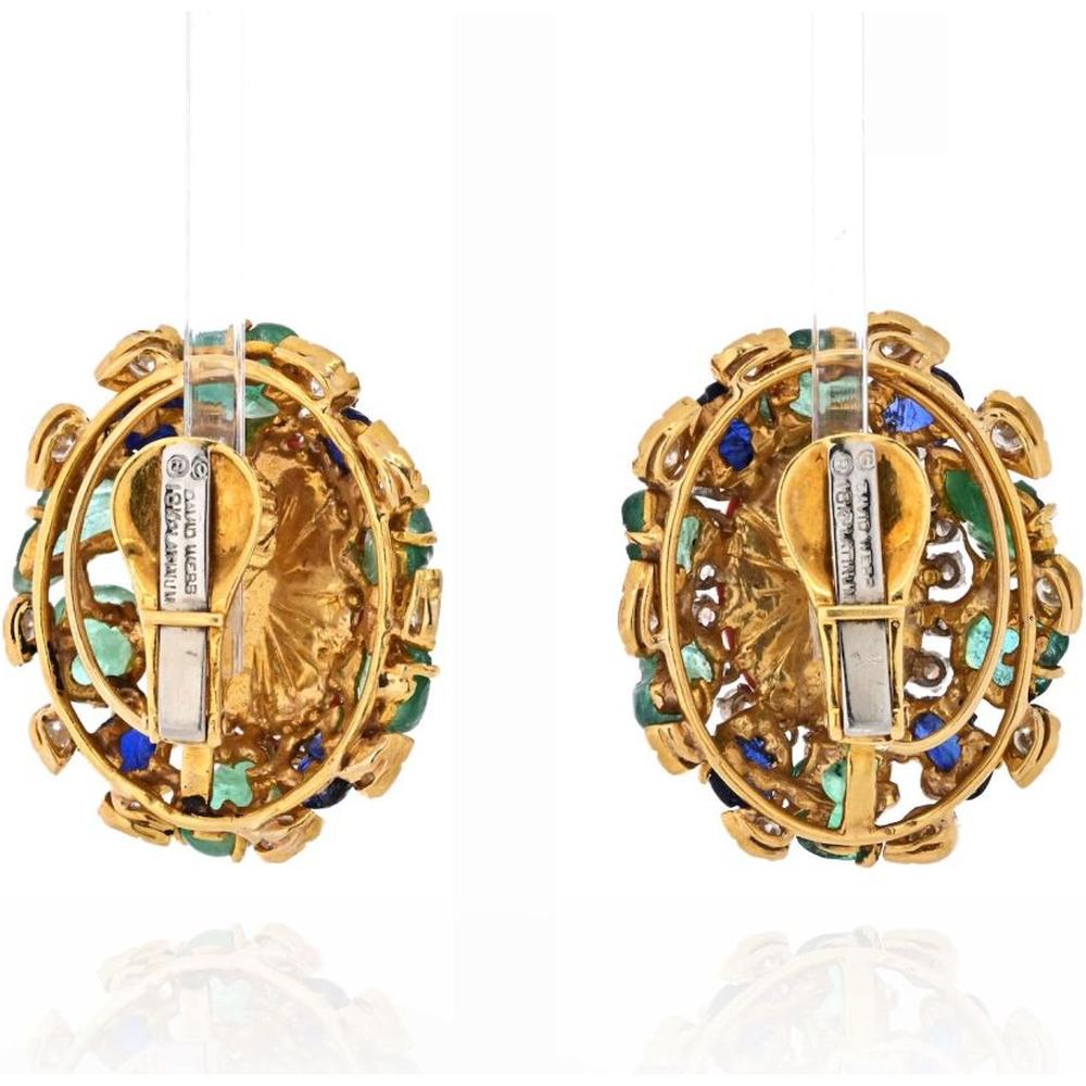 David Webb Platinum and 18K Yellow Gold Fluted Coral Earrings with Diamond, Emerald, and Sapphire Surround - 6.0 Carats Total Diamond Weight