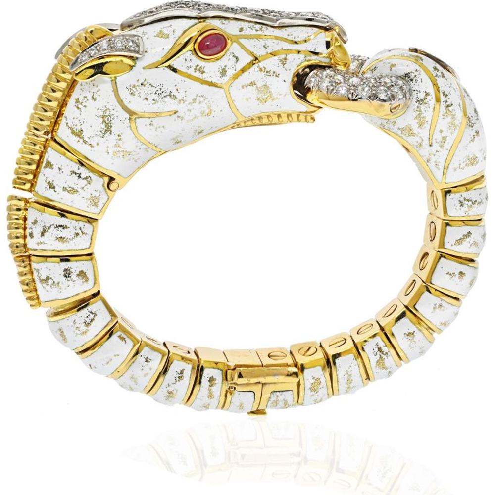 David Webb Platinum & 18K Yellow Gold Horse Bracelet with Diamonds & Ruby Eyes - 4.00 Carats Total Diamond Weight
