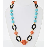 David Webb Platinum & 18K Yellow Gold Necklace with Carved Coral, Turquoise, and Onyx Beads - 32 Inches
