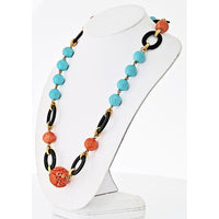 David Webb Platinum & 18K Yellow Gold Necklace with Carved Coral, Turquoise, and Onyx Beads - 32 Inches