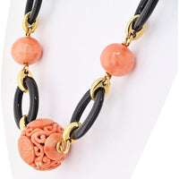 David Webb Platinum & 18K Yellow Gold Necklace with Carved Coral, Turquoise, and Onyx Beads - 32 Inches
