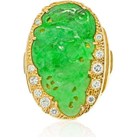 David Webb Platinum and 18K Yellow Gold Ring with Carved Apple Green Jade and Diamond Accents