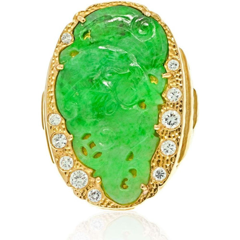 David Webb Platinum and 18K Yellow Gold Ring with Carved Apple Green Jade and Diamond Accents