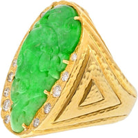 David Webb Platinum and 18K Yellow Gold Ring with Carved Apple Green Jade and Diamond Accents