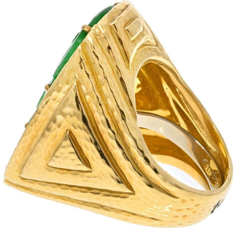 David Webb Platinum and 18K Yellow Gold Ring with Carved Apple Green Jade and Diamond Accents