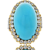David Webb Platinum & 18K Yellow Gold Ring with Oval Cabochon Turquoise and Diamond Halo