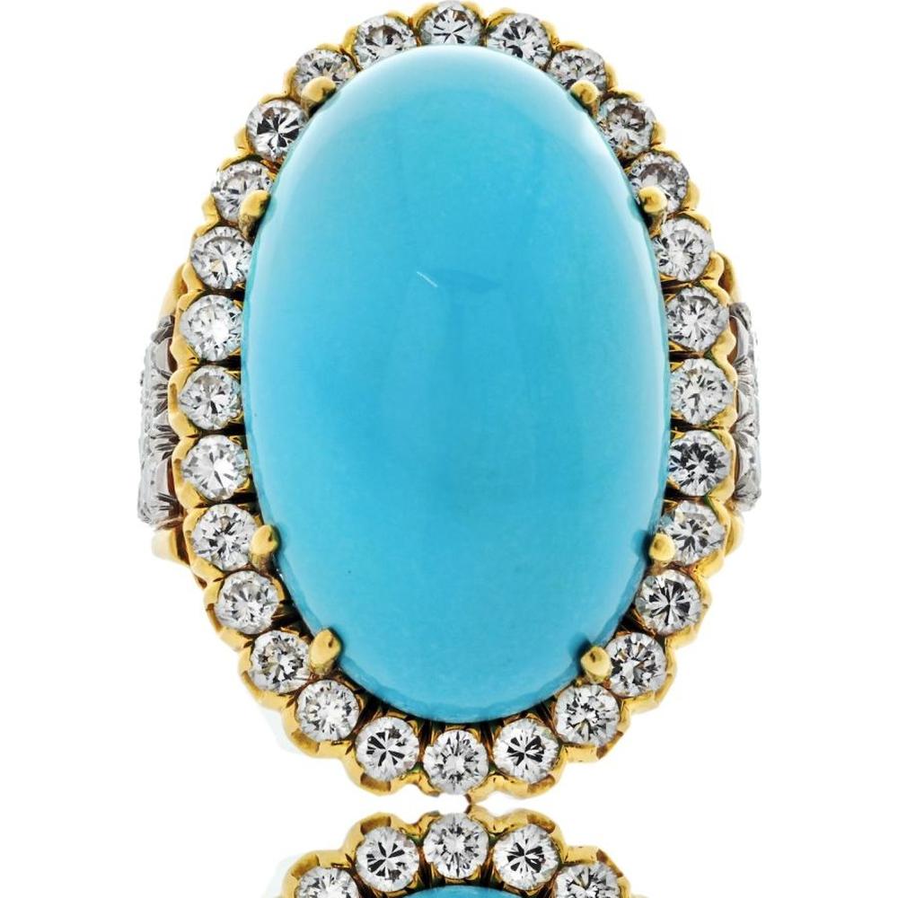 David Webb Platinum & 18K Yellow Gold Ring with Oval Cabochon Turquoise and Diamond Halo
