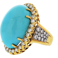 David Webb Platinum & 18K Yellow Gold Ring with Oval Cabochon Turquoise and Diamond Halo