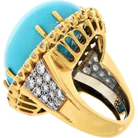David Webb Platinum & 18K Yellow Gold Ring with Oval Cabochon Turquoise and Diamond Halo