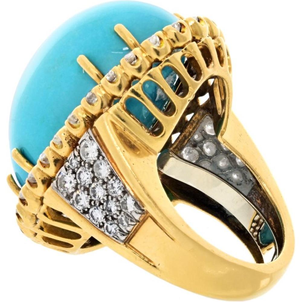 David Webb Platinum & 18K Yellow Gold Ring with Oval Cabochon Turquoise and Diamond Halo