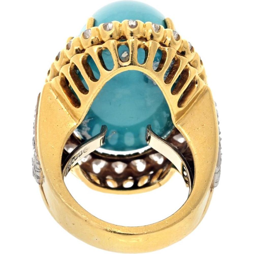 David Webb Platinum & 18K Yellow Gold Ring with Oval Cabochon Turquoise and Diamond Halo