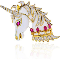 David Webb Platinum and 18K Yellow Gold Unicorn Brooch with Rubies and Diamonds - 3.5 Carats Total Diamond Weight
