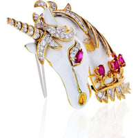 David Webb Platinum and 18K Yellow Gold Unicorn Brooch with Rubies and Diamonds - 3.5 Carats Total Diamond Weight