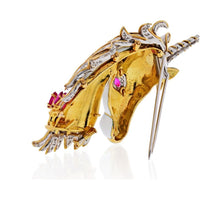 David Webb Platinum and 18K Yellow Gold Unicorn Brooch with Rubies and Diamonds - 3.5 Carats Total Diamond Weight