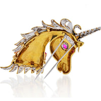 David Webb Platinum and 18K Yellow Gold Unicorn Brooch with Rubies and Diamonds - 3.5 Carats Total Diamond Weight