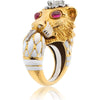 David Webb Platinum & 18K Yellow Gold White Enamel Lion Ring with 0.72 Carat Trilliant Diamond and Cabochon Rubies