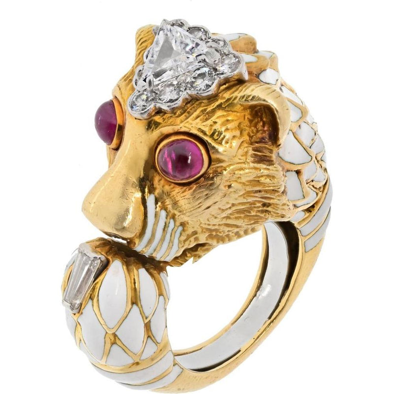 David Webb Platinum & 18K Yellow Gold White Enamel Lion Ring with 0.72 Carat Trilliant Diamond and Cabochon Rubies