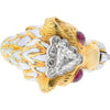 David Webb Platinum & 18K Yellow Gold White Enamel Lion Ring with 0.72 Carat Trilliant Diamond and Cabochon Rubies