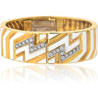 David Webb Platinum & 18K Yellow Gold Zig Zag Diamond Motif White Enamel Bangle Bracelet - 0.65 Carat Total Diamond Weight