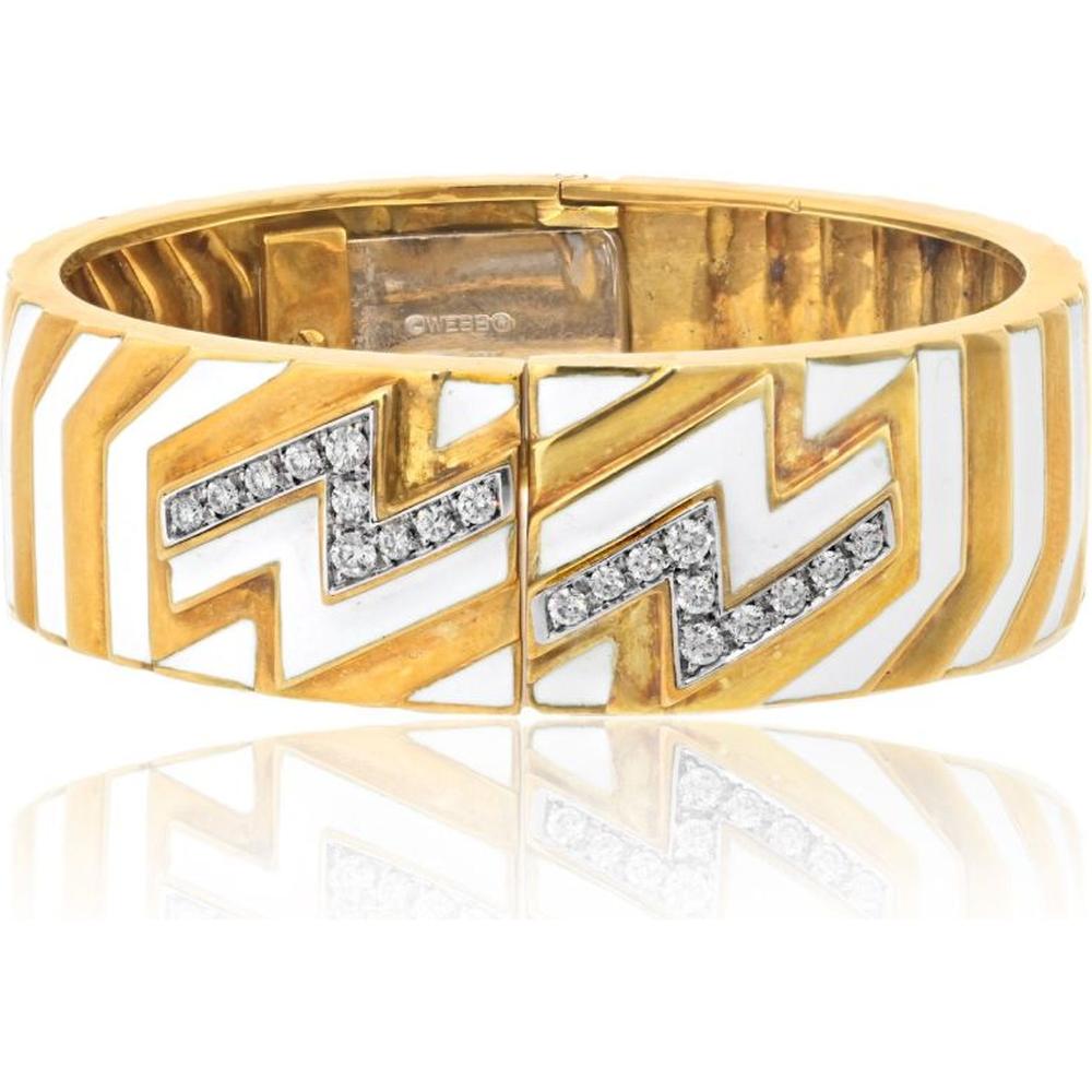 David Webb Platinum & 18K Yellow Gold Zig Zag Diamond Motif White Enamel Bangle Bracelet - 0.65 Carat Total Diamond Weight