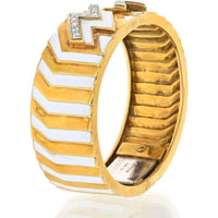 David Webb Platinum & 18K Yellow Gold Zig Zag Diamond Motif White Enamel Bangle Bracelet - 0.65 Carat Total Diamond Weight
