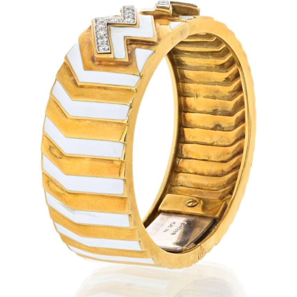 David Webb Platinum & 18K Yellow Gold Zig Zag Diamond Motif White Enamel Bangle Bracelet - 0.65 Carat Total Diamond Weight
