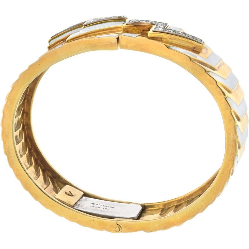David Webb Platinum & 18K Yellow Gold Zig Zag Diamond Motif White Enamel Bangle Bracelet - 0.65 Carat Total Diamond Weight