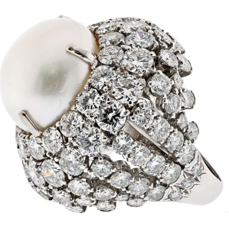 David Webb Platinum Diamond and South Sea Pearl Free Form Cocktail Ring - 21 Total Carat Weight