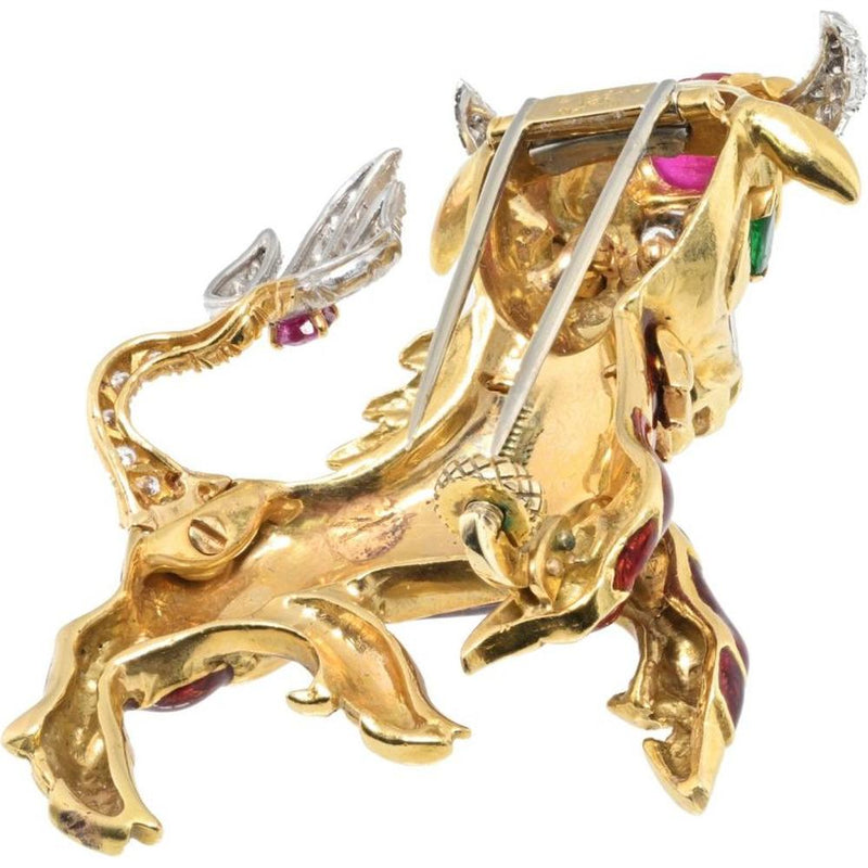 David Webb Ruby & Emerald Bull Brooch in Platinum & 18K Yellow Gold