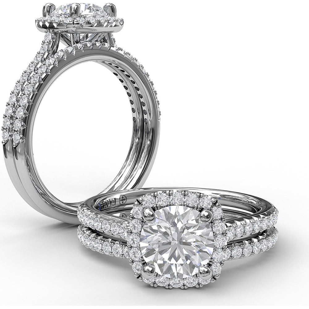 Delicate Cushion Halo Engagement Ring Setting with Pavé Shank by Fana - 0.34 Carat Total Diamond Weight