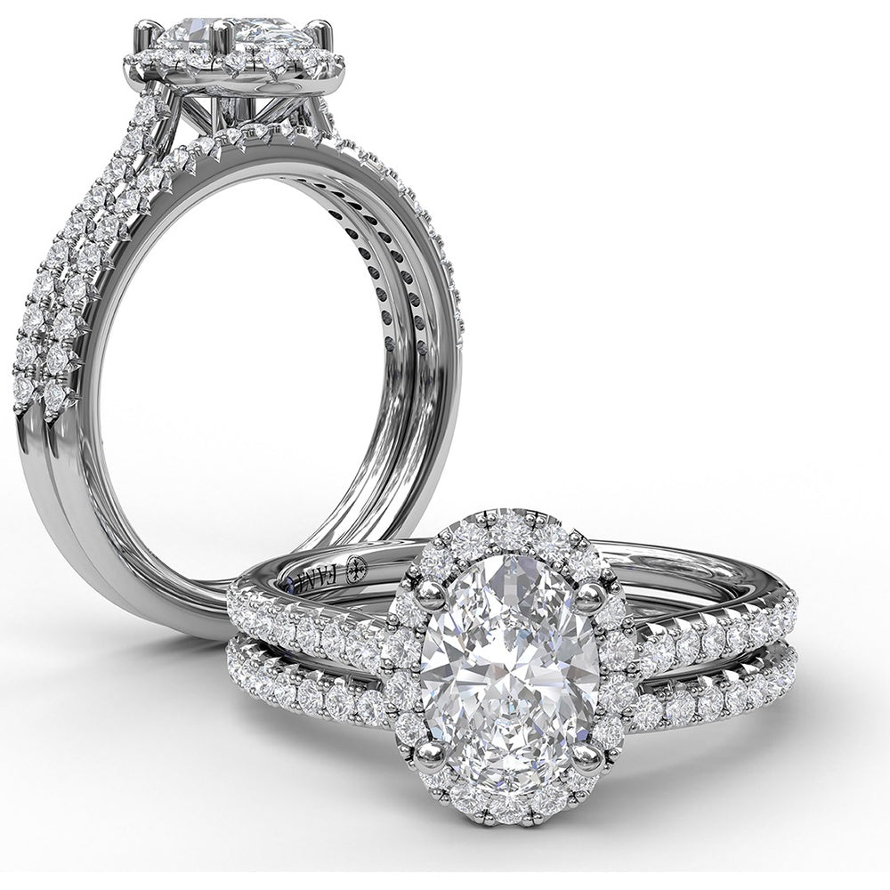 Delicate Oval Halo Engagement Ring Setting with Pavé Diamond Band by Fana - 0.32 Carat Total Diamond Weight