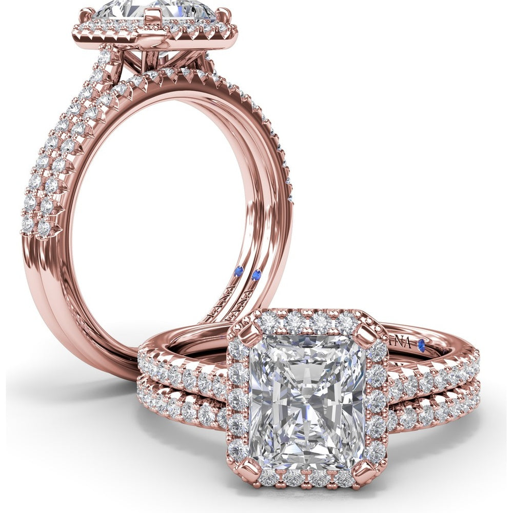 Delicate Radiant Halo Engagement Ring Setting with Pavé Diamond Band - 0.32 Carat Total Side Stone Weight by Fana